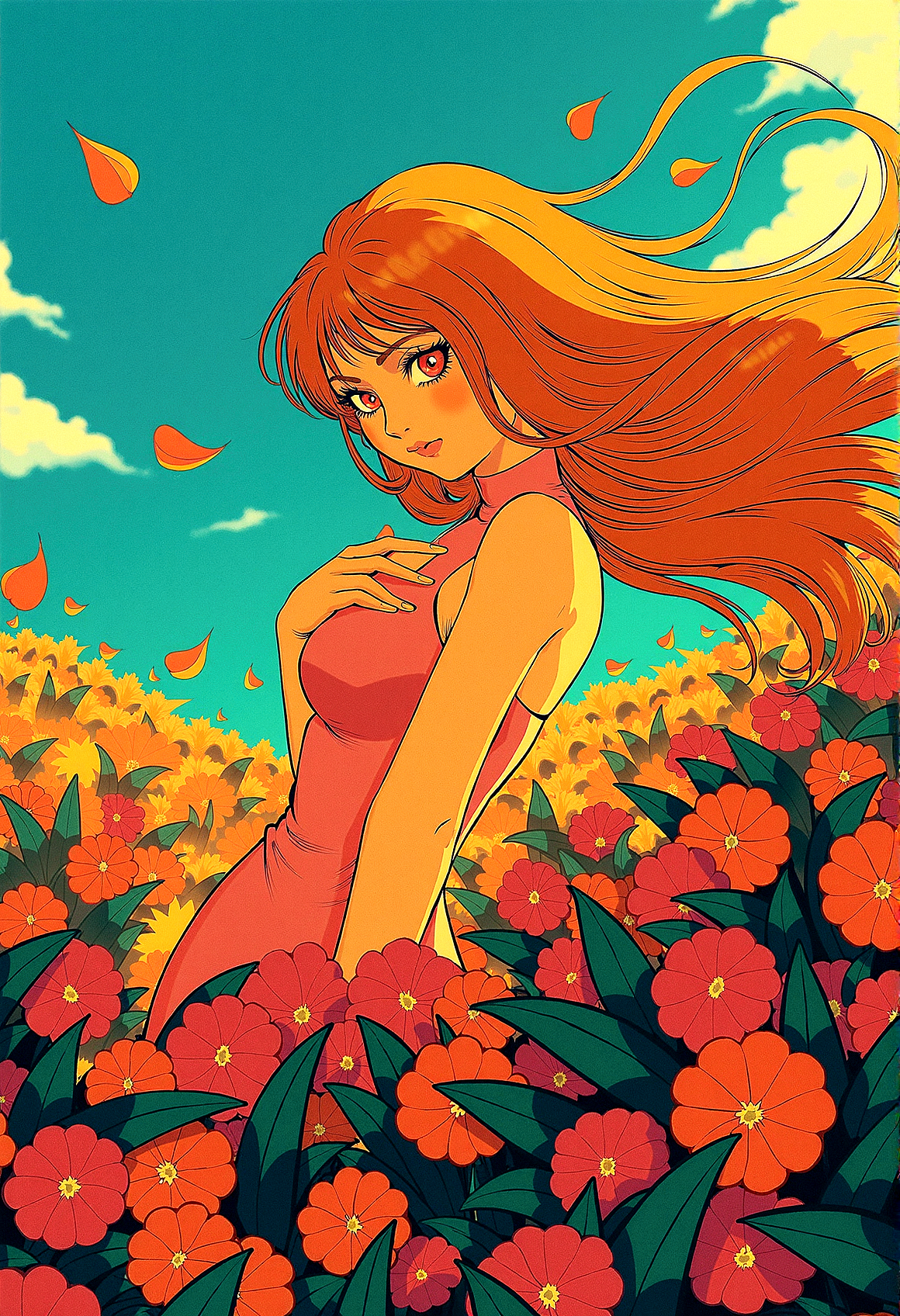 msdh, frosted animation,
anime style of a ginger woman on a hill covered in glowing flowers, with exotic vegetation swaying in the strong wind. Her long hair flows in the breeze, while petals and leaves are scattered around her. The noon sun bathes the scene in bright light, highlighting the intricate details and vibrant colors. The image captures extreme realism with a sharp, wide-angle view in high-resolution HDR, with no depth of field.

Light catching in the strands of the woman’s hair, making it appear more dynamic and alive. subtle color gradients across the scene, blending the colors of the sky, flowers, and vegetation more harmoniously.subtle reflections on any shiny surfaces, such as wet leaves or the woman’s eyes, to enhance the realism and detail.

She rests one hand on her chest, eyes closed, as if deeply moved by the beauty around her.
