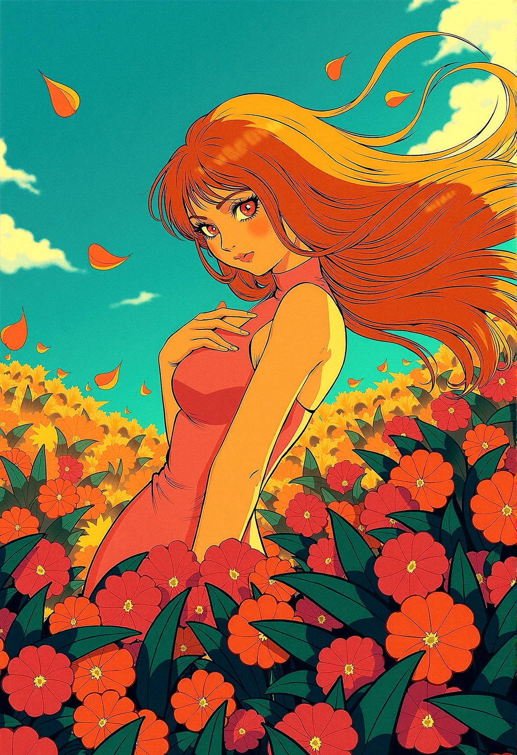 msdh, frosted animation,
anime style of a ginger woman on a hill covered in glowing flowers, with exotic vegetation swaying in the strong wind. Her long hair flows in the breeze, while petals and leaves are scattered around her. The noon sun bathes the scene in bright light, highlighting the intricate details and vibrant colors. The image captures extreme realism with a sharp, wide-angle view in high-resolution HDR, with no depth of field.
Light catching in the strands of the woman’s hair, making it appear more dynamic and alive. subtle color gradients across the scene, blending the colors of the sky, flowers, and vegetation more harmoniously.subtle reflections on any shiny surfaces, such as wet leaves or the woman’s eyes, to enhance the realism and detail.
She rests one hand on her chest, eyes closed, as if deeply moved by the beauty around her.