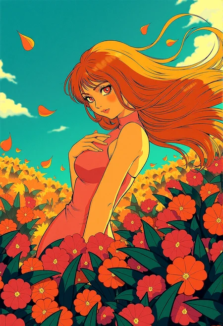 msdh, frosted animation,
anime style of a ginger woman on a hill covered in glowing flowers, with exotic vegetation swaying in the strong wind. Her long hair flows in the breeze, while petals and leaves are scattered around her. The noon sun bathes the scene in bright light, highlighting the intricate details and vibrant colors. The image captures extreme realism with a sharp, wide-angle view in high-resolution HDR, with no depth of field.
Light catching in the strands of the woman’s hair, making it appear more dynamic and alive. subtle color gradients across the scene, blending the colors of the sky, flowers, and vegetation more harmoniously.subtle reflections on any shiny surfaces, such as wet leaves or the woman’s eyes, to enhance the realism and detail.
She rests one hand on her chest, eyes closed, as if deeply moved by the beauty around her.