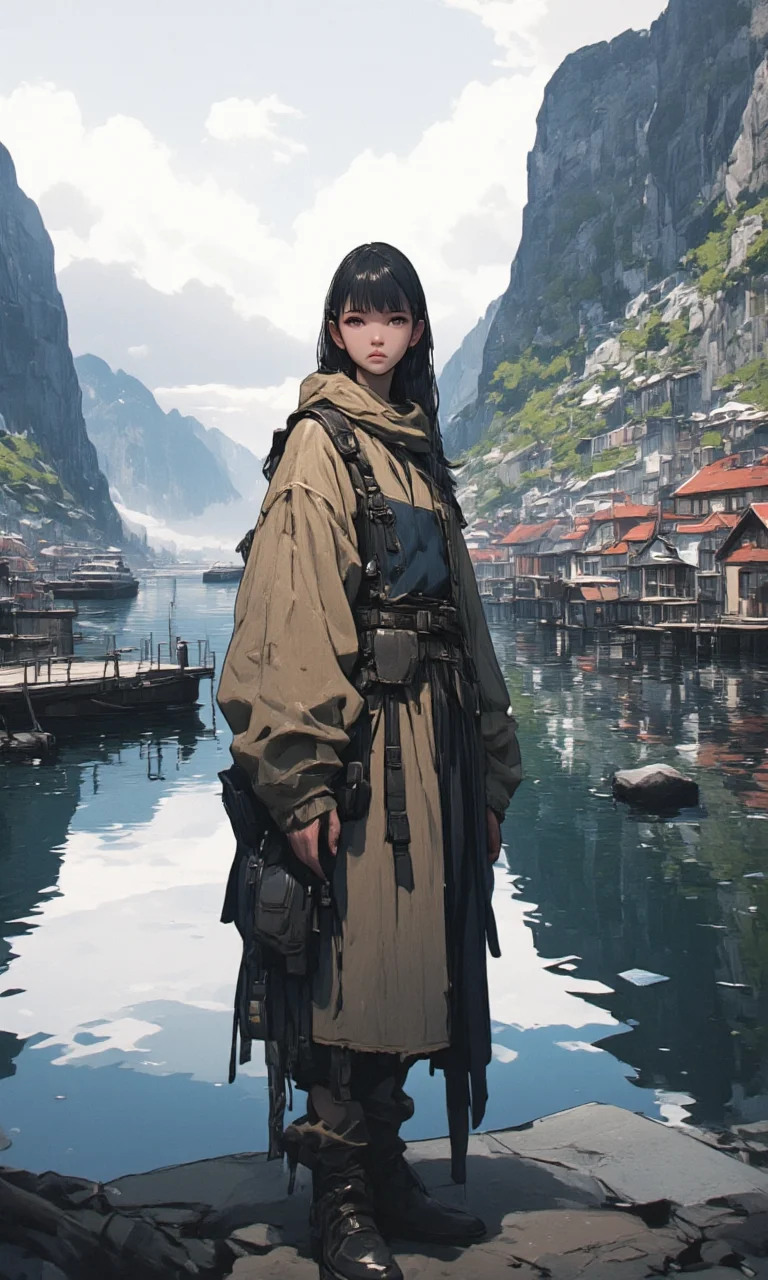Anordic Model ** stands in a fjord town, wearing a simple outfit that blends wool and leather. The towering cliffs of the fjord are reflected in the still water, while traditional wooden houses with red roofs stand out. A distant ferry glides through the water.<lora:flux1-D\CPA:1.0> <lora:flux1-D\detailed_v2_flux_ntc.safetensors:0.86:1.0>