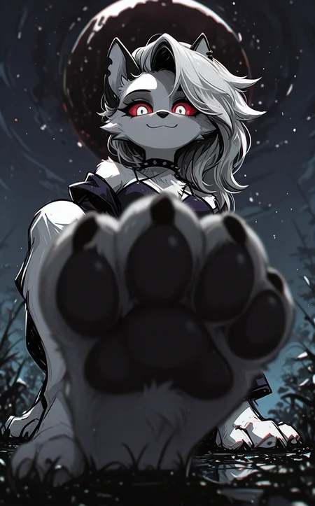 [sketch:no_lineart], solo, (blurry, depth_of_field:1.4), [abstract:0.50], loona_\(helluva_boss\), red sclera, (dynamic comparison:1.3), masterpiece, best quality, very aesthetic, looking_at_viewer, humanization, white fur, open_clothes, colored, breasts, light_smile, paws, barefoot, , ground level shot,Low-Angle Perspective, [minimalism:0.90], outline, [white eye::0.5], foot shot, BREAK (depth_of_field:1.3), photorealistic background,Ð· outdoors, nature, blurry, dark moon,[ reflection:0.8]