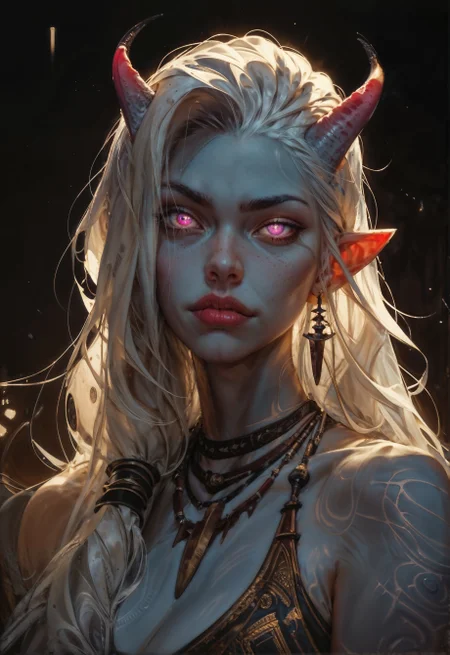 score_9, score_8_up, score_7_up, score_6_up,   detailed drawing, 1girl, portrait, beautiful, tiefling shaman, white hair, (long hair:1.3), side bangs, horns, barbarian, gladiator, war paint, tribal markings, long tail, blue skin, pink eyes, glowing eyes, (smug:0.85), dramatic lights, detailed, sharp lines, dynamic  <lora:Expressive_H-000001:0.6>, expressiveH  <lora:g0th1cPXL:0.4> <lora:incase_style_v3-1_ponyxl_ilff:0.3> <lora:sinfully_stylish_SDXL:0.4>