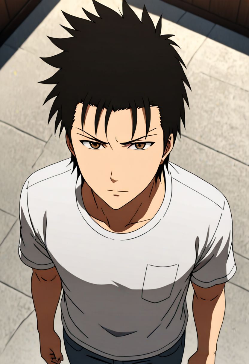 Highres, Masterpiece, High Quality, 4K, 8K, solo, 1Boy, Soujirou Agata, brown eyes, black hair, standing, straight facing upwards, casual, seen from above, arrogant face, dominant, intimidate, easynegative, detailed_eye_model