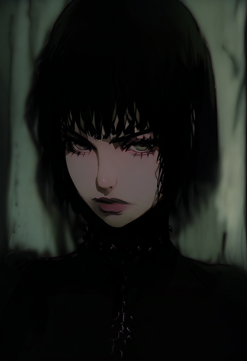gthan, 1girl, solo, medium hair, wavy hair, black hair, jewelry, looking at viewer, necklace, cross, portrait, bangs, green eyes, closed mouth, turtleneck, blurry background, cross necklace, lips, piercing, blurry, bob cut, eyelashes