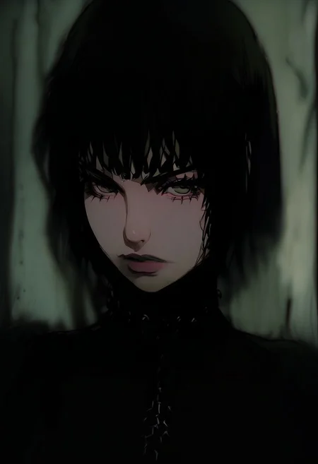 gthan, 1girl, solo, medium hair, wavy hair, black hair, jewelry, looking at viewer, necklace, cross, portrait, bangs, green eyes, closed mouth, turtleneck, blurry background, cross necklace, lips, piercing, blurry, bob cut, eyelashes