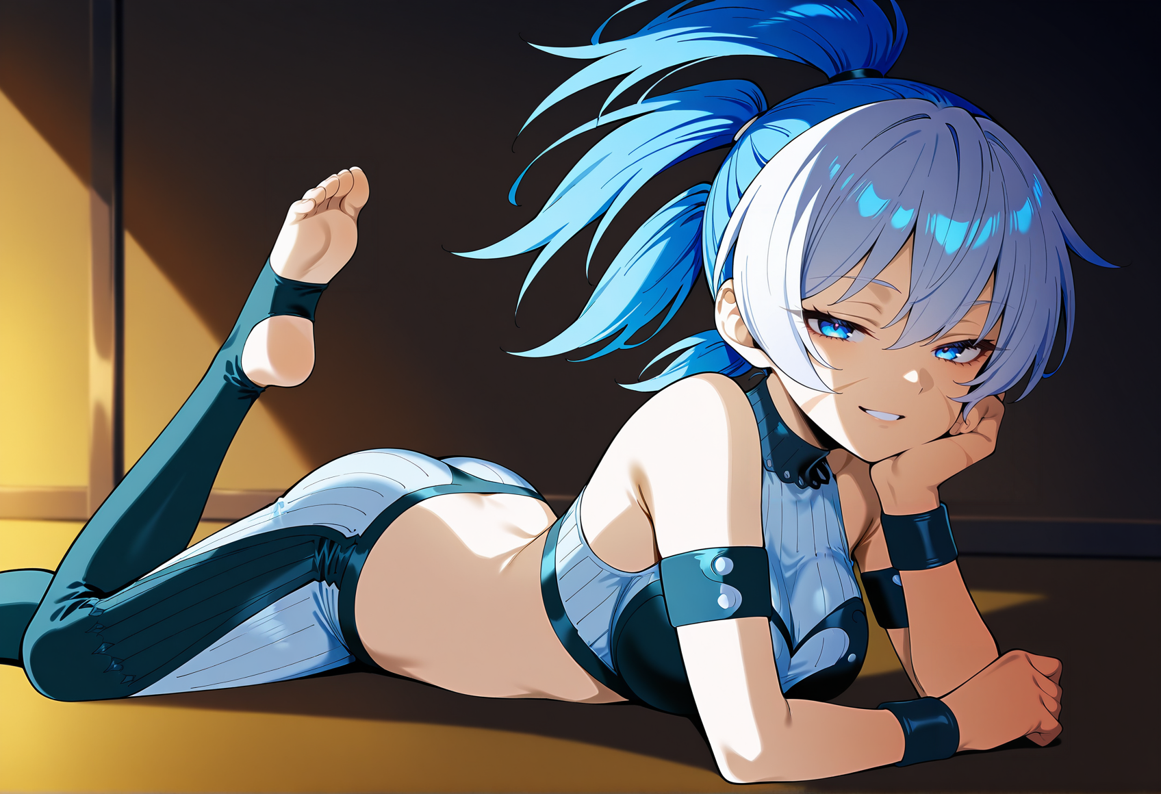 anime screencap, anime screenshot, anime coloring, lying, on stomach, 1girl, solo, 1girl, multicolored hair, blue hair, white hair, tri tails, scar on face, blue eyes, tube top, sleeveless, armband, wristband, leggings, toeless legwear, seductive smile, half-closed eyes, one leg up, barefoot, looking at viewer   <lora:piastol_arcadia:1>, masterpiece, best quality, amazing quality, very aesthetic, absurdres, highres, newest