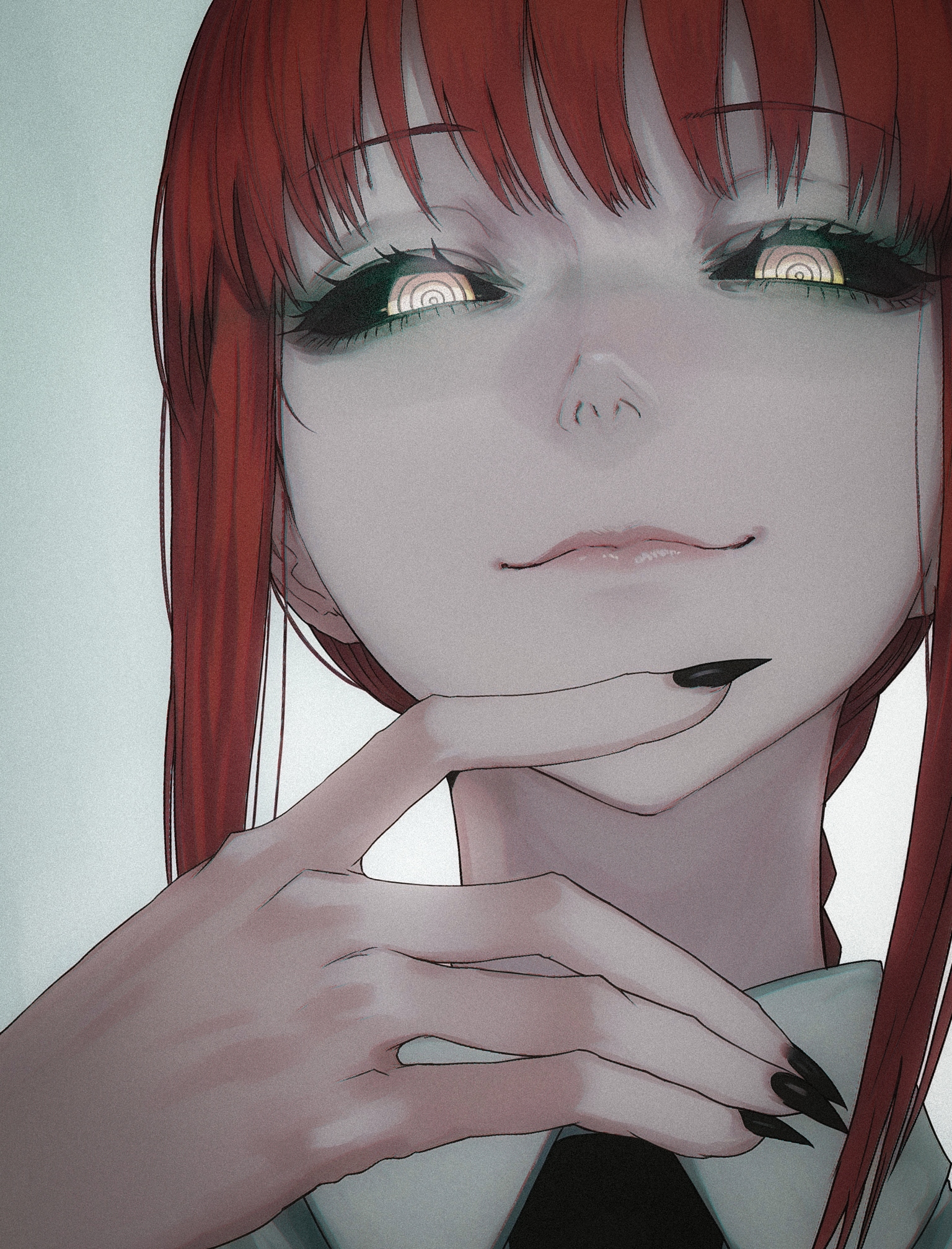 1girl, solo, facing viewer, portrait, upper body, 
leaning forward, foreshortening, makima \(chainsaw man\), black sclera, half-closed eyes, ringed eyes,@_@, yellow eyes, smirk, closed mouth, staring, looking down, looking at viewer, hand on own lips, long fingers, sharp fingernails, black nails, black lips, from below, 
masterpiece, best quality, amazing quality, very aesthetic, 
(lips, nose:1.2),
(by sawarakajin:1.25),