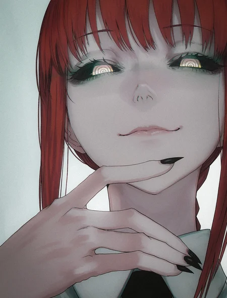 1girl, solo, facing viewer, portrait, upper body,
leaning forward, foreshortening, makima \(chainsaw man\), black sclera, half-closed eyes, ringed eyes,@_@, yellow eyes, smirk, closed mouth, staring, looking down, looking at viewer, hand on own lips, long fingers, sharp fingernails, black nails, black lips, from below,
masterpiece, best quality, amazing quality, very aesthetic,
(lips, nose:1.2),
(by sawarakajin:1.25),