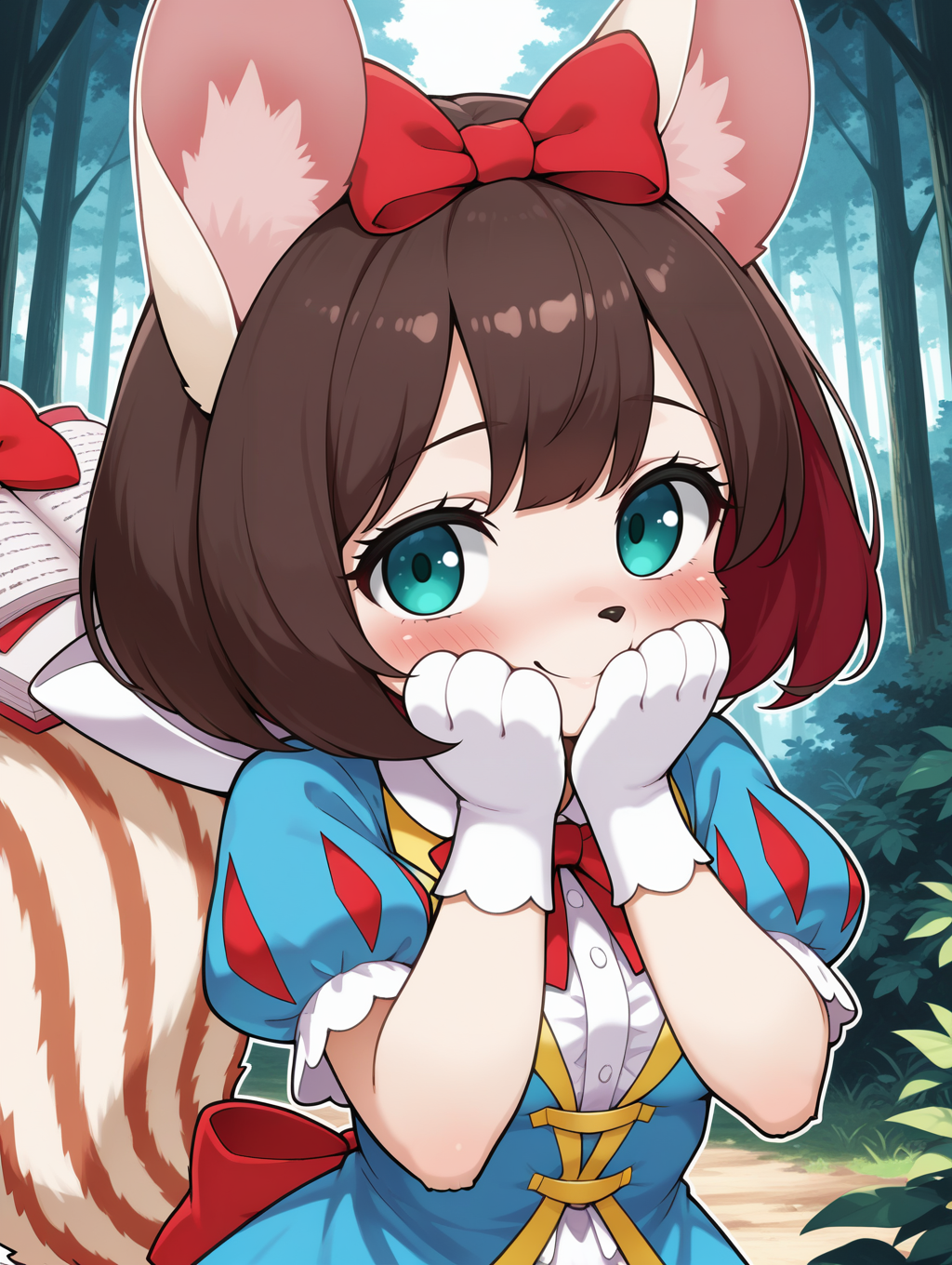 fairy tail - snow,1girl,solo,smile,red bow,outline,white outline,upper body,covering mouth,looking at viewer,blush,white paw gloves,closed mouth,hands on own face,squirrel girl,tail ornament,blue frilled dress,animal nose,body fur,forest, 
masterpiece,best quality,amazing quality,very aesthetic,absurdres,newest,<lora:Fairy Tail snow illuXL v1.1:0.77>,