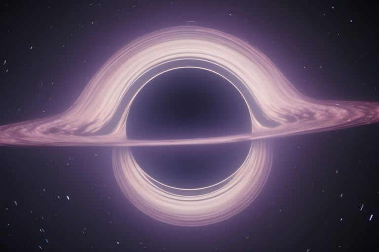 a blackhole with an unusual dim purple accretion disk can be seen at an angle in the image. asteroid debris can be seen floating in orbit. (8k, high resolution, extreme detail), color gradation, exquisite details, sharp focus, intricate details, taken with a CANON EOS R6 camera, 18mm lens