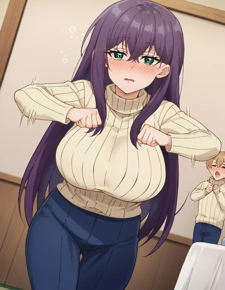 score_9, score_8_up, score_7_up, source_anime, <lora:yutaka-shinozaki-s1-ponyxl-lora-nochekaiser:1>, yutaka shinozaki, long hair, bangs, very long hair, green eyes, purple hair,, large breasts, mature female, long sleeves, pants, sweater, turtleneck, ribbed sweater, turtleneck sweater, blue pants, white sweater, indoors, bed, bedroom, on side, blush, drunk, , <lora:mochi-mochi-ponyxl-lora-nochekaiser:1>, mochi mochi dance, clenched hands, hands up,, looking at viewer, solo,, dutch angle, cowboy shot