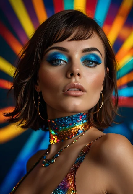 raw photo, 4k, psychedelic photo, (Full Body Sexy Pose:1.5), score_9, score_8_up, (Epic masterpiece:1.8).(Professional boudoir photoshoot:1.3). (Full body photography:1.5), (a sensual and horny 40 years old adult woman with straight, medium length dark brown hair that is clubber hairstyles:1.5). (blue eyes that are medium sized and almond shaped:1.4). (medium toned clear realistic skin with clubber makeup:1.4). (build is slender and about 160cm tall:1.4). (facial features are proportional and a symmetrical face:1.4). (chest size is medium-large. breasts not particularly split or uneven:1.7). (hips are more prominent and some extra flesh on thighs and stomach:1.3). (weight around 58 kilogrammes:1.4). (listening trance music and hypnotized to have orgasm while dancing:1.8). (refined clubber accessories, such as delicate earrings and choker:1.3). (remarkable psychedelic lover makeup, with a focus on highlighting features:1.4). (a refined, dancer and sexy look that is also very feminine:1.7). (orgasmic face with lustfull looks:1.8). Psychedelic photo with colorful background.