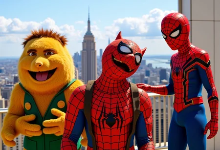 Captain America Spider-Man Iron Man Wolverine Potato, Standing on the terrace overlooking the city, sunbathing, on the rooftop, balcony, railings,
adorable, brightly colored, cheerful, influence, naughty face, laughing, happy, playful, bright, vibrant, light-hearted, Marvel movie poster