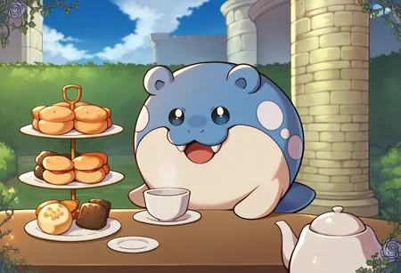 score_9, score_8_up, score_7_up, source_anime, BREAK, solo, 1boy, looking at viewer, <lora:Teatime-pdxl_Fp:1>, teatime, table, food, cup, teacup, teapot, outdoors, sky, <lora:Spheal-pdxl_Fp:1>, sphealpk, pokemon \(creature\), fang, happy,