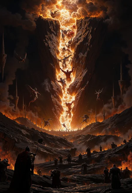 dark fantasy, The Chaos Portal in Naggaroth’s Blackened Wasteland, Amidst the scorched and barren landscapes of Naggaroth, a massive Chaos portal has been torn open, spilling forth daemonic energies and grotesque creatures. Khorne-blooded warriors clash with daemons in a violent battle, while sorcerers chant dark incantations to stabilize the rift. The chaotic energy warps the very fabric of reality around the portal. Chaos, Naggaroth, daemons, Khorne warriors, dark sorcery. A sweeping panoramic shot that starts from ground level, moving up to reveal the vast expanse of the wasteland and the towering Chaos portal, highlighting the scale of the devastation and the chaos unleashed.drkfnts style, FredFraiStyle, Knight, Armor, Warrior