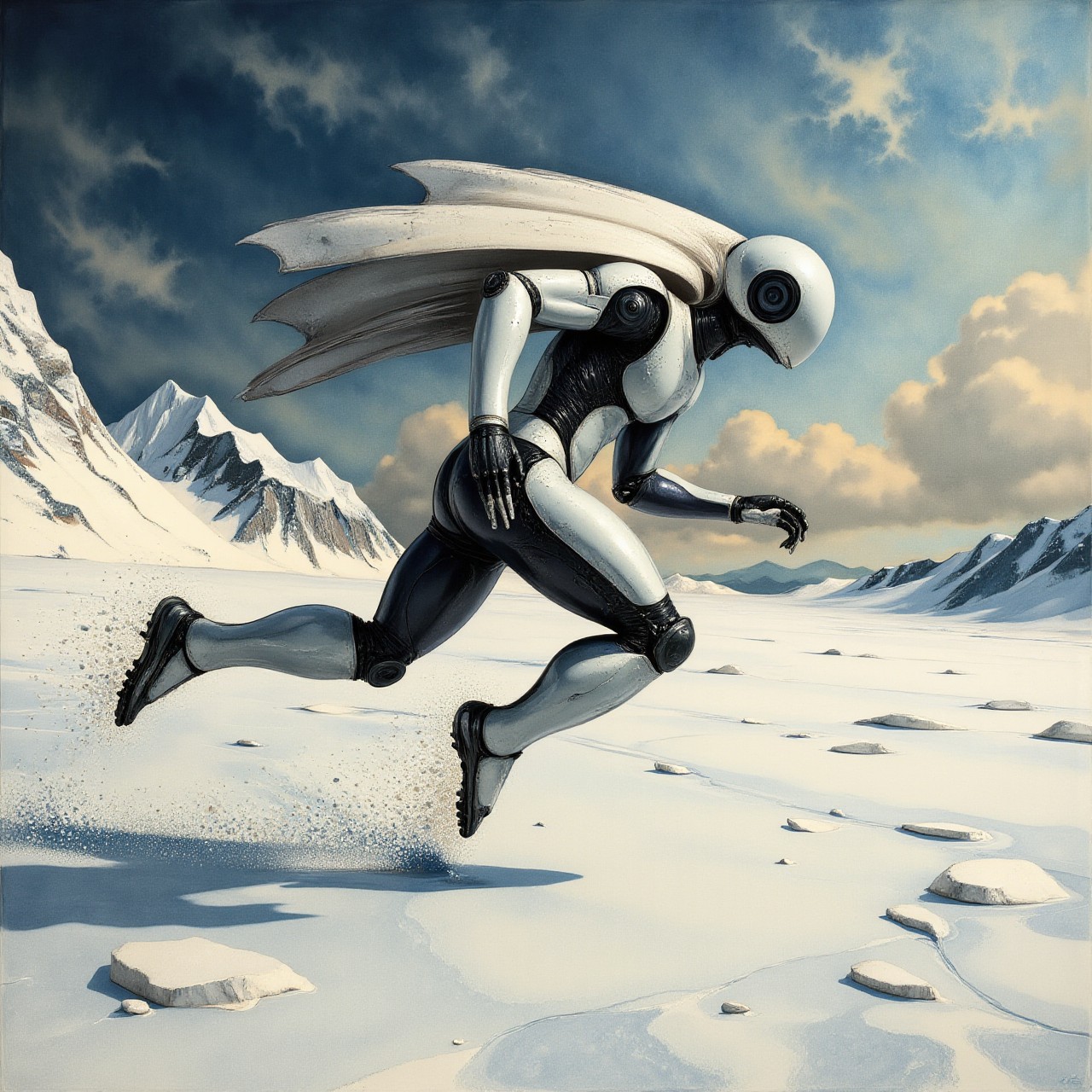 Frottage painting. Side view long shot. 1970s theme. Full body. Old Chinese joyful streamlined modern robot running a race in a mysterious icefield setting. Intricate white and black and silver naturalistic details. Overall, the scene is broken and is very detailed. Dramatic lighting illuminates the scene from the right. <lora:Charcoal01d_CE_FLUX_AIT:0.6> <lora:Paper_Marbling_Flux:0.6> <lora:midjourney_whisper_chromaplex_v1:0.65>