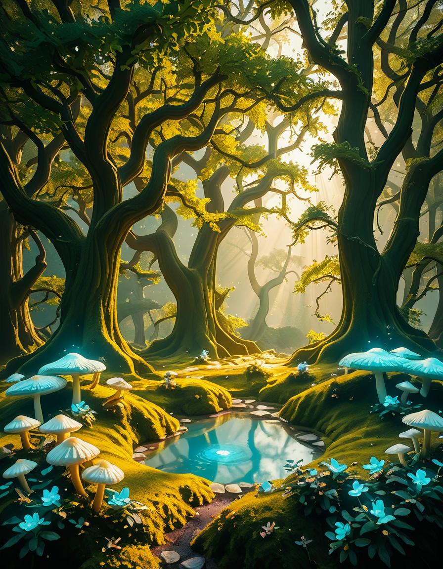 A mystical enchanted forest bathed in a soft, ethereal glow. Towering ancient trees with twisted roots and bioluminescent moss create a dreamlike atmosphere. The air is filled with a faint, magical mist that swirls gently around vibrant, oversized mushrooms and glowing blue and purple flowers. Delicate fireflies and tiny floating orbs of light hover in the air, illuminating the dense foliage with a magical shimmer. A narrow, winding path covered in soft moss leads deeper into the mysterious woodland, where faint beams of golden sunlight filter through the thick canopy, casting intricate patterns on the forest floor. The colors are rich and vibrant, with deep emerald greens, soft blues, and glowing purples creating a surreal and otherworldly ambiance. The scene is highly detailed and photorealistic, capturing the textures of the moss-covered tree trunks, the luminescent flora, and the misty, dreamlike atmosphere of the enchanted forest.
<lora:SDXLFaeTastic2400:0.4> <lora:extremely_detailed:0.4> extremely detailed,<lora:3nch4nt3d_f0r3st-ill:1>,3nch4nt3d f0r3st, Masterpiece,best quality,hi res,8k,hi res,8k,award winning,(sharp focus, intricate, highly detailed),