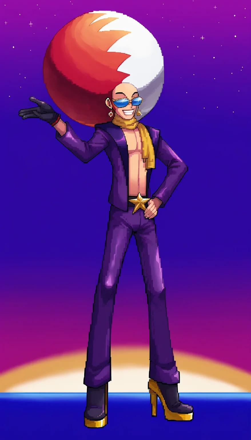 score_6_up, score_5_up, score_4_up
BREAK
mirorb, pixelart, pixel, 1boy, solo, afro, two-tone hair, red hair, white hair, full body, scarf, sunglasses, purple suit, purple pants, open clothes, high heels, (saturday night fever, disco dancing:1.5), arm up, arm on hip, single glove, earrings, grin, (colorful background, rainbow background, gradient background:1.3) <lora:mirorb:1> <lora:pixel:1.2>