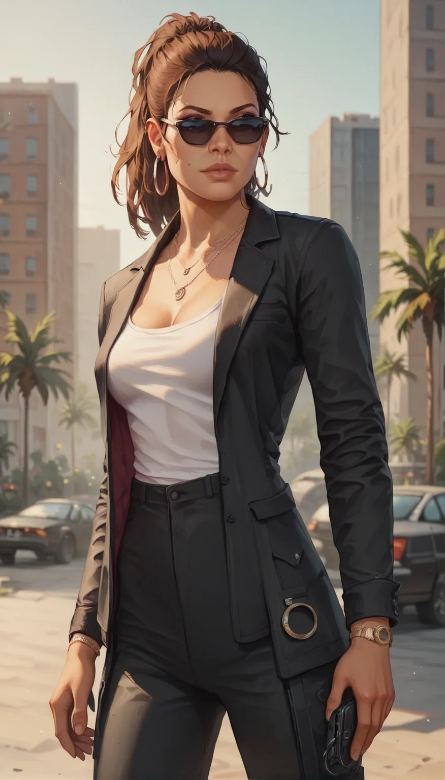 score_9, score_8_up, score_7_up,
<lora:Lucia_GTA6:0.8> lucgta, ponytail haircut, brunette, hoop earrings, black suit, pants, black sunglasses,