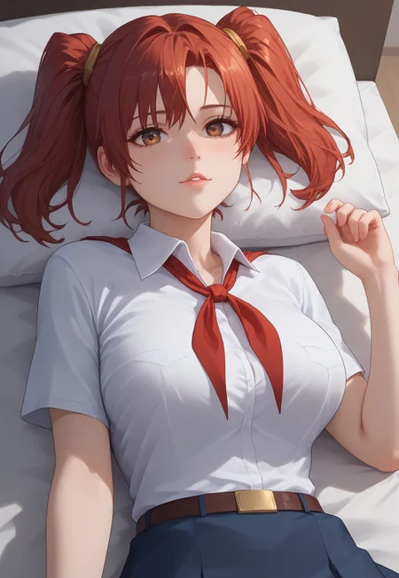 safe_pos, score_9, score_8_up, score_7_up, <laura:expressive_n: 1>, expressive_n, detailed eyes, beautiful, detailed background, perfect eyes,, expressive, 1 girl, visual novel character, sexy 20 year old girl, solo, <lоra: ikarus-chan_close:0.70>, hort hair, red hair, two ponytails, shoulder-length ponytails, brown eyes, big chest,1 girl, big breasts, lying girl, side view, fast asleep, white collared shirt, simple, short sleeves, red neckerchief, blue skirt, belt