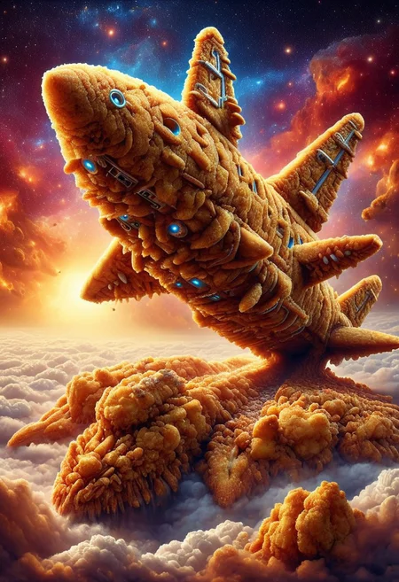 (spaceship made of deep fried & crispy breading:1.25), DFC, (breaded:0.3), perfect composition, elaborate, (ultra realistic:1.1), detailed background, masterpiece, best quality, highly detailed, hyper-detailed, uhd, vibrant colors, extremely detailed, exquisite detail, intricate, ultra-realistic, ultra-detailed, open space landscape