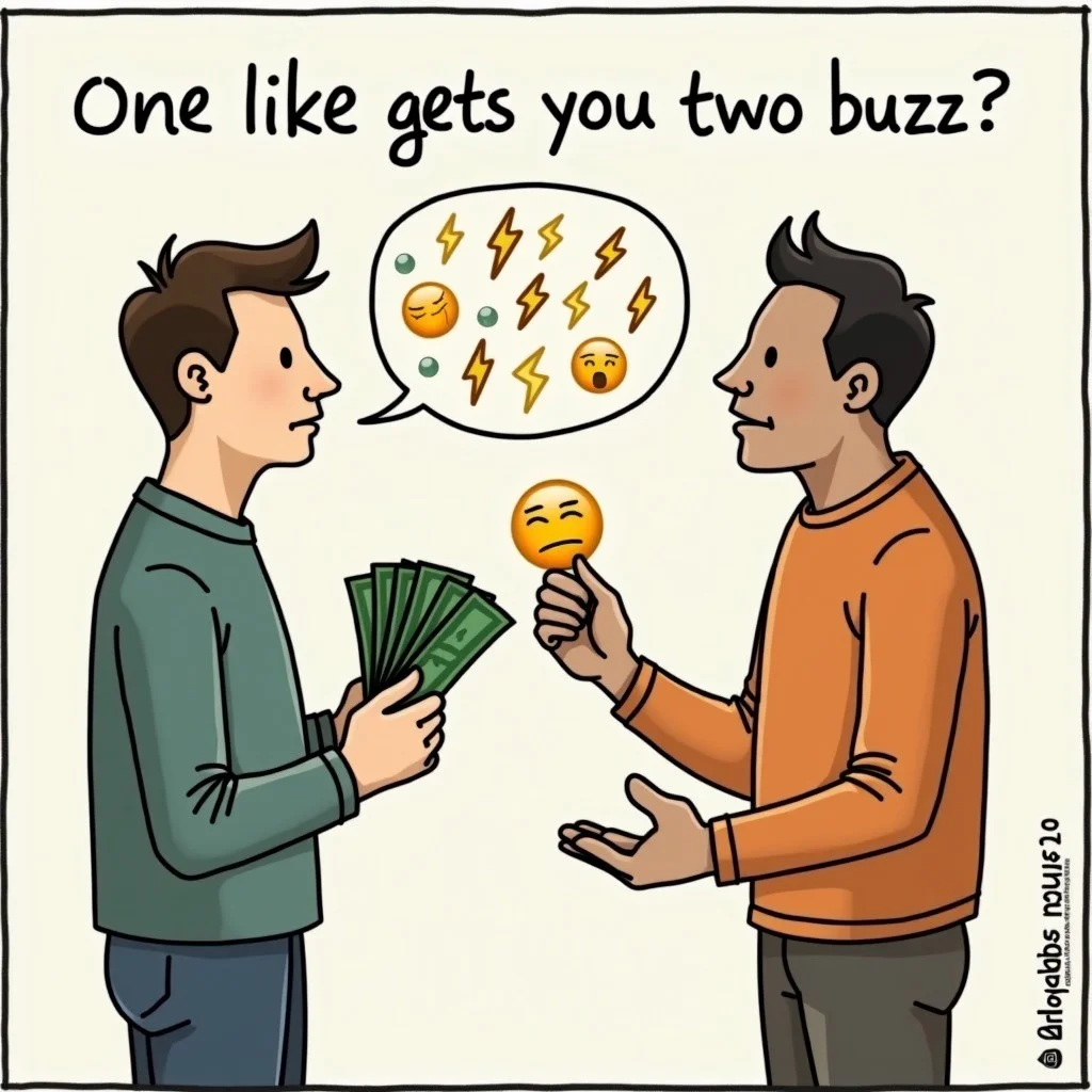 A person faces you, one hand outstretched for money, the other offering lightning bolt emoji stickers. They say, "One like gets you two buzz."