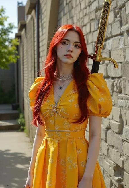 analog film photo (art by Zdzislaw Beksinski). baroque style. young woman KTNK. mechanical. giant cyberpunk sword. epic, glorification, backlit, god rays. The woman, with striking long, vibrant red hair, is dressed in a knee-length, yellow dress with a subtle white floral pattern. The dress has short, puffed sleeves and a V-neckline, fitting her slender physique. faded film, desaturated, 35mm photo, grainy, vignette, vintage, Kodachrome, Lomography, stained, highly detailed, found footage