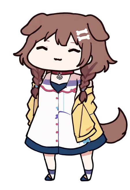 score_9, score_7_up, <break> chibi, simple background, white background, full body, solo, 1girl, korone_base, smile, standing, closed eyes, yellow jacket, white dress, off shoulder, animal collar, low twin braids, bone hair ornament, dog tail