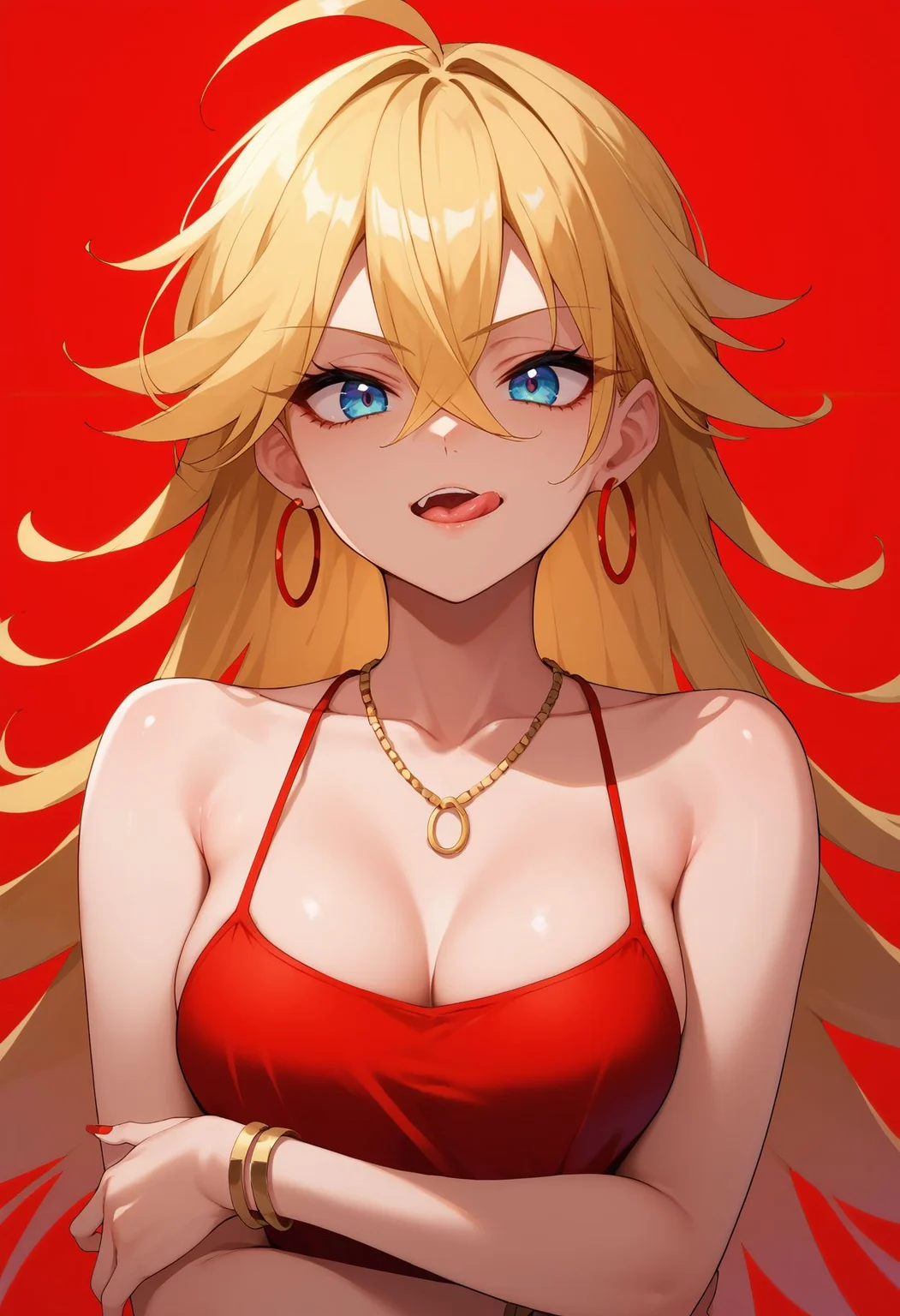 score_9,score_8_up,score_7_up,<lora:panty_psg_pdxl_goofy:1>panty \(psg\), 1girl,ahoge, medium breasts, jewelry, tongue out, red background, long hair, red dress, hoop earrings, looking at viewer, bracelet, cleavage, upper body, necklace, simple background, bare shoulders, crossed arms, ahoge, collarbone, licking lips, hair between eyes, red nails, open mouth, nail polish, eyes visible through hair, sleeveless