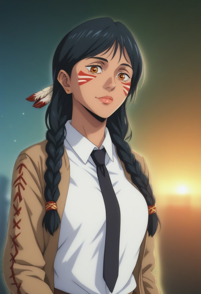score_9, score_8_up, score_7_up, source_anime, intricate details, anime screencap, perfect balance, official art, extremely detailed CG unity 8k wallpaper, perfect lighting, Colorful, Warm_Front_face_Lighting, (masterpiece:1.0),(best_quality:1.0), ultra high res,4K,ultra-detailed, photography, 8K, HDR, highres, absurdres:1.2, Kodak portra 400, blurry background, bokeh, lens flare, (Anime) (vibrant_color:1.2), professional photograph, night, (cute_face:1.2), 2d, anime, upper body, intricate iris, American, Professional character design, 1girl, female focus, (Orange eyes), perfect eyes, (black-hair), Native American, Indigenous, American Indian, youthful, solo, jujutsu_kaisen_style, character portrait, (perfect-lighting), face, young, (Dark-black-hair), Long hair, (Native American), Indigenous, American Indian, (((wild eyes))), (Native North American), (Upturned eyes), (high cheekbones), (strong jawline), (Black Hair), ((((Native-American-Eagle-feather-braids, Native American Eagle feather accessories)))), (((wild eyes))) ((Bobbed Bangs)) (((Slanted-Eyes))) (Psycho) (Happy) (Friendly) (Goofy) (White Dress Shirt), (Warpaint), (Redwood Forest, Pacific Northwest Forests), (Inuit), (Tan skin), (Dark Skin), (Brown skin), (bobbed hair), White Eagle-Feather-Earrings, Thick Bangs, Bobbed hair, Bob-cut, White-Feather-Earrings, Brown-skin, Inuit Face-paint, Full-Bangs, Wide-Bangs, Thick-Hair, Native Face-paint, White dress shirt, Tribal-Patterned Jacket, Black Necktie