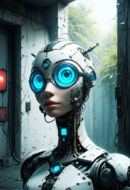 masterpiece,best quality,amazing quality,very aesthetic,high resolution,ultra-detailed,absurdres,newest,scenery,depth of field,scenery,volumetric lighting, beautiful, looking at you, score_9, score_8_up, score_7_up,evi@decrepPunk, robot