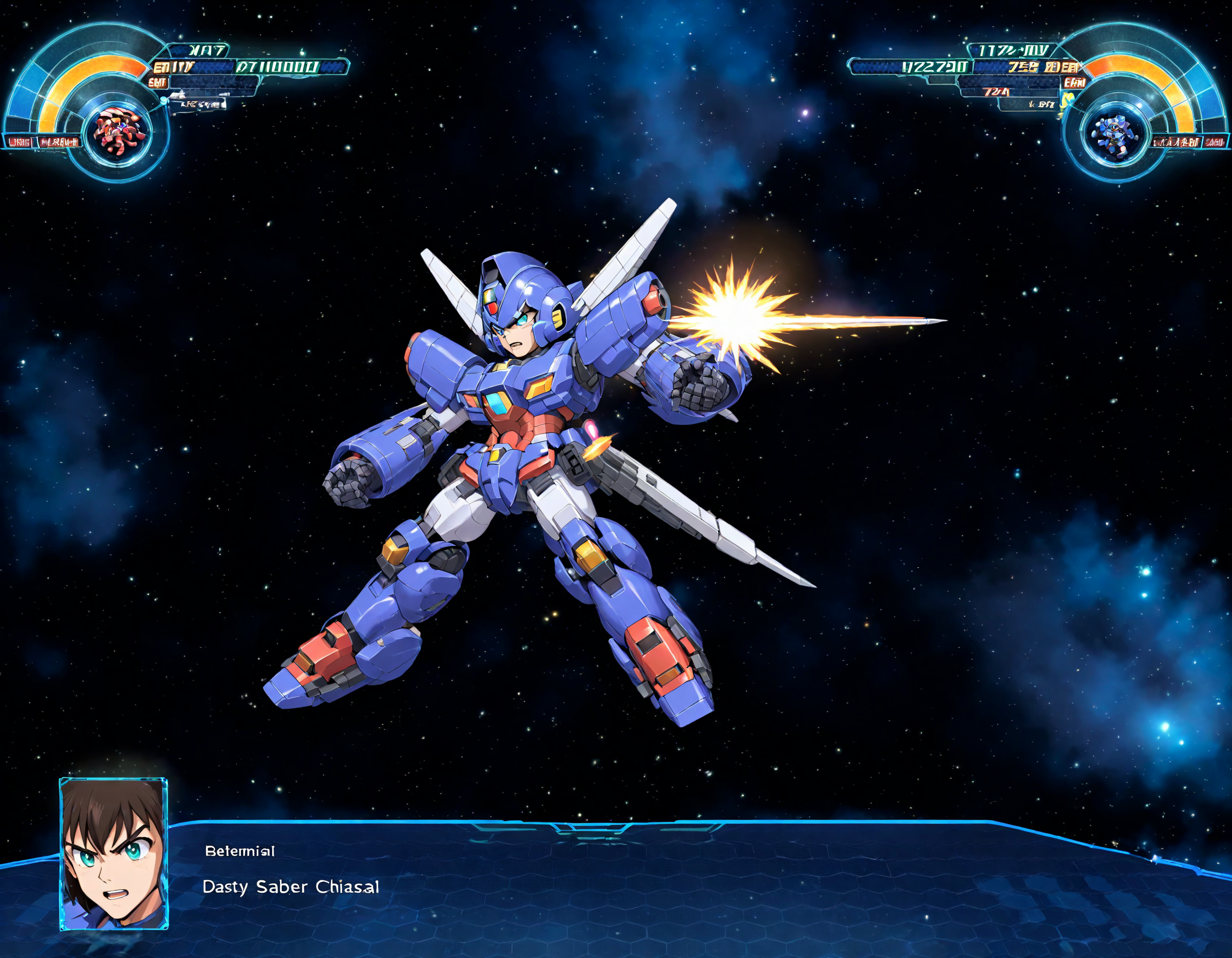 "0599", high quality,A strategic space combat scene set within a mecha game interface, where the legendary Mega Man, also known as Rockman, takes center stage. The HUD shines with high-quality visuals, displaying Mega Man in battle-ready stance, his armor polished and energy levels full, indicating his formidable power. As Rockman's animated and determined face replaces the pilot's portrait, the surrounding cosmos provides a serene backdrop, creating a stark contrast to the looming high-tech skirmish, reflecting the game's fusion of retro charm with modern strategy elements,  <lora:rw99-000038:0.75>