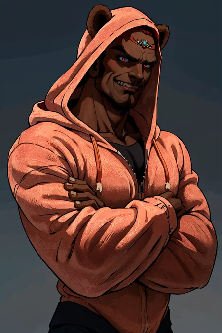 (masterpiece,best quality,absurdres,beautiful,aesthetic,detailed),simple background,upper body,1boy,ganondorf,dark skin,crossed arms,red hair,furrowed brown,grin,t3ddy, wearing brown fluffy onsie with bear ears,hood up <lora:t3ddy:0.7> <lora:ganondorf-nvwls-v1:0.9>