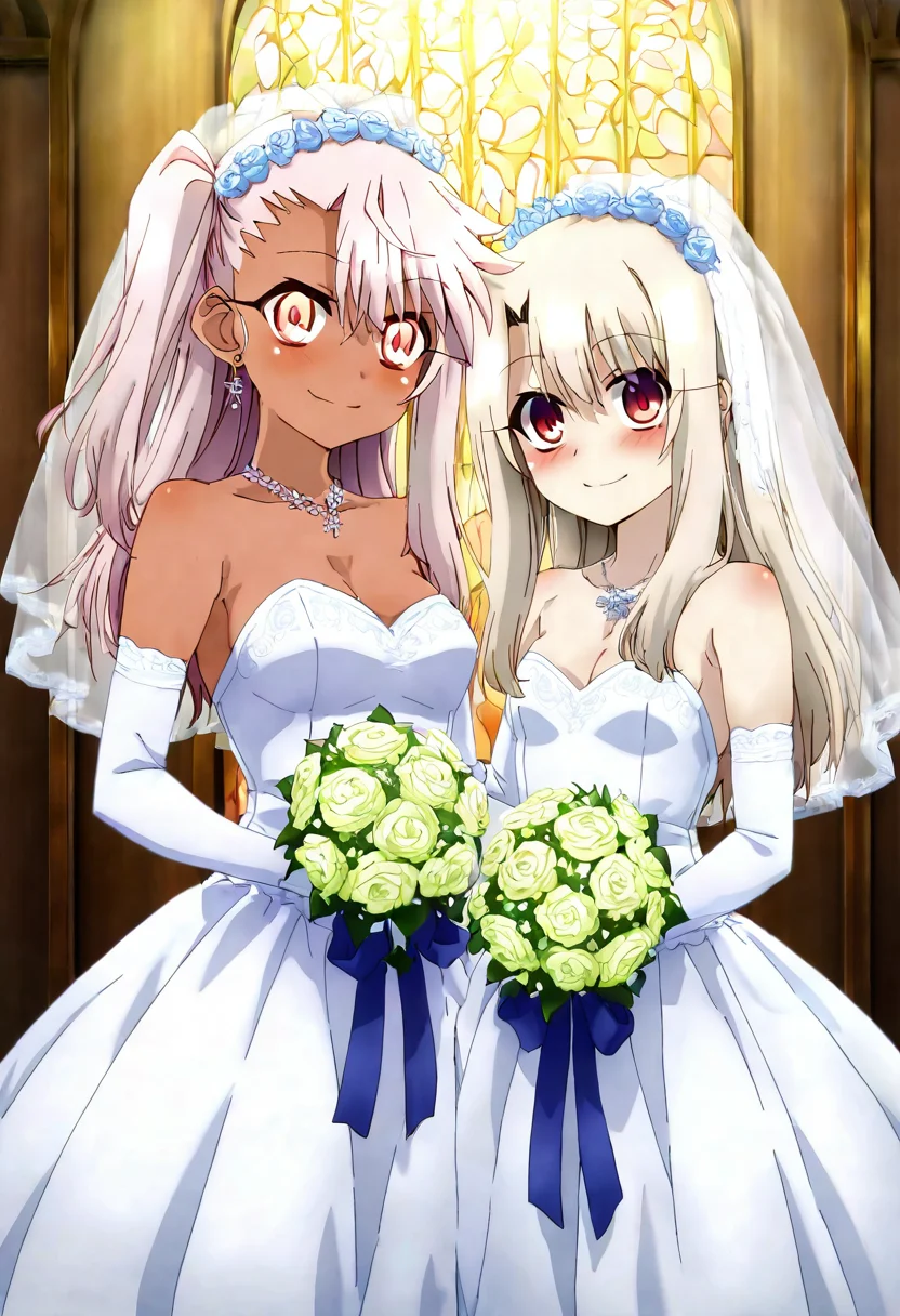 (masterpiece ,best quality, ultra detailed, highres, absurdres:1.2), , medium breasts, (curvy), ,,, 2girls, chloe von einzbern, yellow eyes, pink hair, long hair, one side up, dark skin, illyasviel von einzbern, red eyes, white hair, long hair, red eyes,,, bride, wedding dress, bridal veil, strapless dress, elbow gloves, holding bouquet, smile, looking at viewer, ,<lora:PrismaIllya_NAI:0.8>,