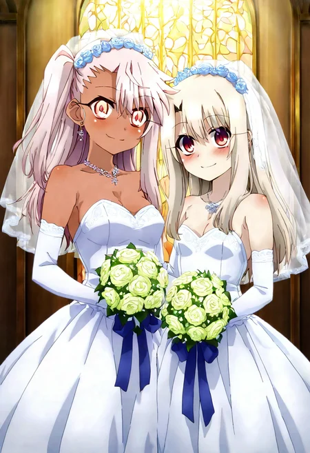 (masterpiece ,best quality, ultra detailed, highres, absurdres:1.2), , medium breasts, (curvy), ,,, 2girls, chloe von einzbern, yellow eyes, pink hair, long hair, one side up, dark skin, illyasviel von einzbern, red eyes, white hair, long hair, red eyes,,, bride, wedding dress, bridal veil, strapless dress, elbow gloves, holding bouquet, smile, looking at viewer, ,<lora:PrismaIllya_NAI:0.8>,