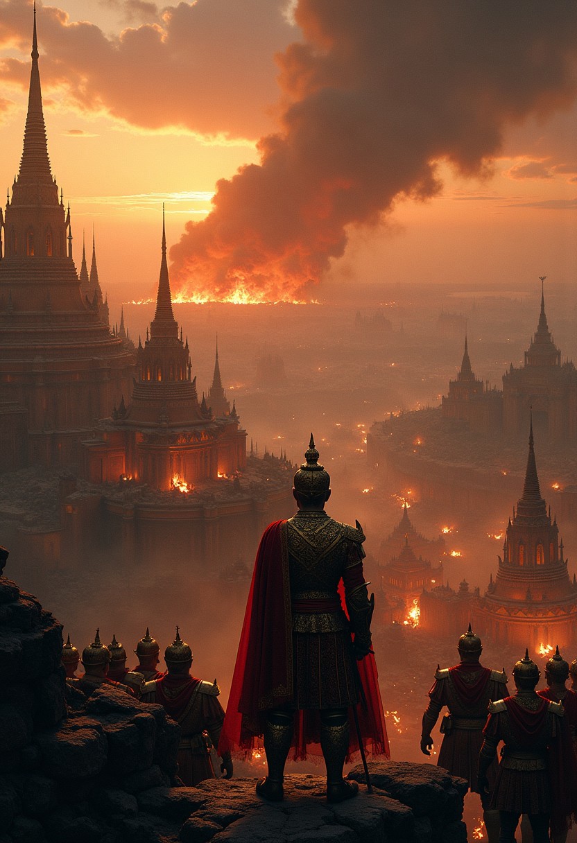 In the twilight of Ayutthaya’s grandeur, under a smoldering sky suffused with the acrid stench of burning temples, the city’s final stand unfolds in tragic majesty. Siamese warriors, their armor adorned with intricate patterns of gold and crimson, clash desperately against the encroaching Burmese forces, who advance with merciless precision. The sacred spires of Wat Phra Si Sanphet, once symbols of divine protection, now crumble under relentless cannon fire, their gilded surfaces reflecting the last vestiges of a dying sun. In the distance, the Chao Phraya River flows, its waters stained with the blood of the fallen, while the once bustling markets lie in ruins, a silent testament to a civilization on the brink of annihilation. Amidst the chaos, the Siamese king, draped in resplendent robes, stands atop the crumbling palace walls, his gaze unwavering as he surveys the devastation. This is a tableau of both heroism and despair, where the glory of a once-mighty kingdom meets the inexorable tide of conquest, a dramatic and philosophical reflection on the impermanence of even the greatest civilizations.