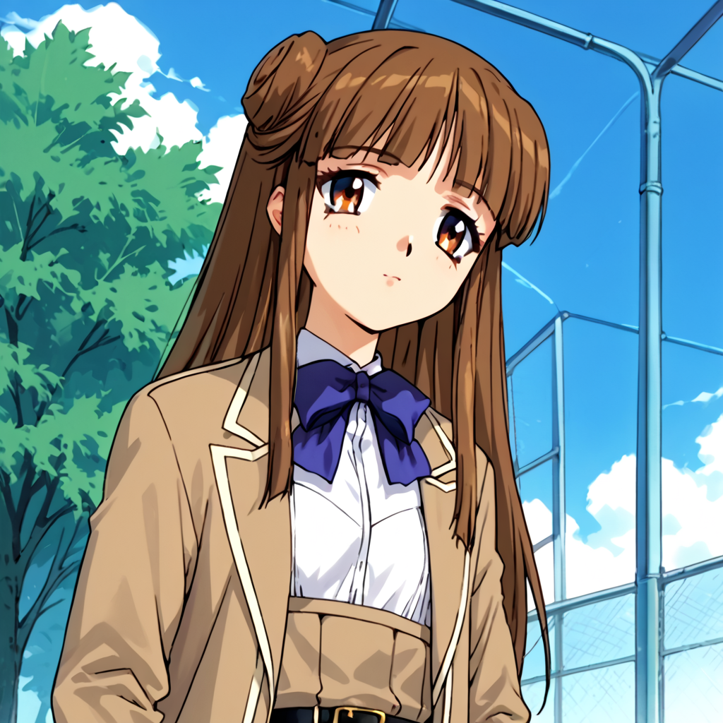 score_9, score_8_up, score_7_up, score_6_up, outdoors, <lora:Uruka_Sumeragi_ç_ããã_-_Steel_Angel_Kurumi_2_é¼éå¤©ä½¿ããã¿2å¼:1> uruka sumeragi, uruka, 1girl, solo, brown hair, long hair, blunt bangs, side locks, double bun, brown eyes, outfit-C, School uniform, White shirt, Blue neckwear, Blue bowtie, Brown jacket, Brown skirt, Belt accessory, Kneehighs, Navy blue socks, Loafers,