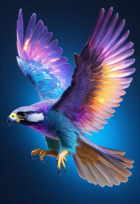 flu0rite falcon, flying, vivid colors, dynamic lighting, hd, 8k, fluorite mineral, flu0rite, iridiscent, (photorealistic),
