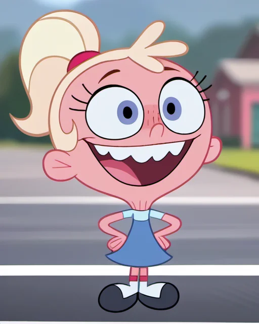 score_9, 1girl, solo, stl1, official art, official  style, pink skin, open smile, big head, teeth, dress, freckles, buck teeth, full body, socks, ponytail, blonde hair, hands on hips, looking at viewer, blurry background, parody, <lora:stl1:1>,