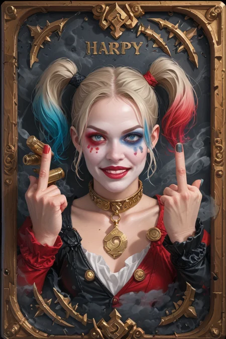 score_9,score_8_up,score_7_up,
hyper-detailed, masterpiece, best quality,realistic details,
cards, tarot, graphic frame, illustrative, obsidian, skeuomorphism, detailed, upper body, Harley Quinn from DC, colored smoke, guns, bullets, explosives, birthday firecrackers, middle finger,
<lora:sdxl_lightning_8step_lora:1>
<lora:DM_CB:1>
glowneon<lora:glowneon_xl_v1:1>