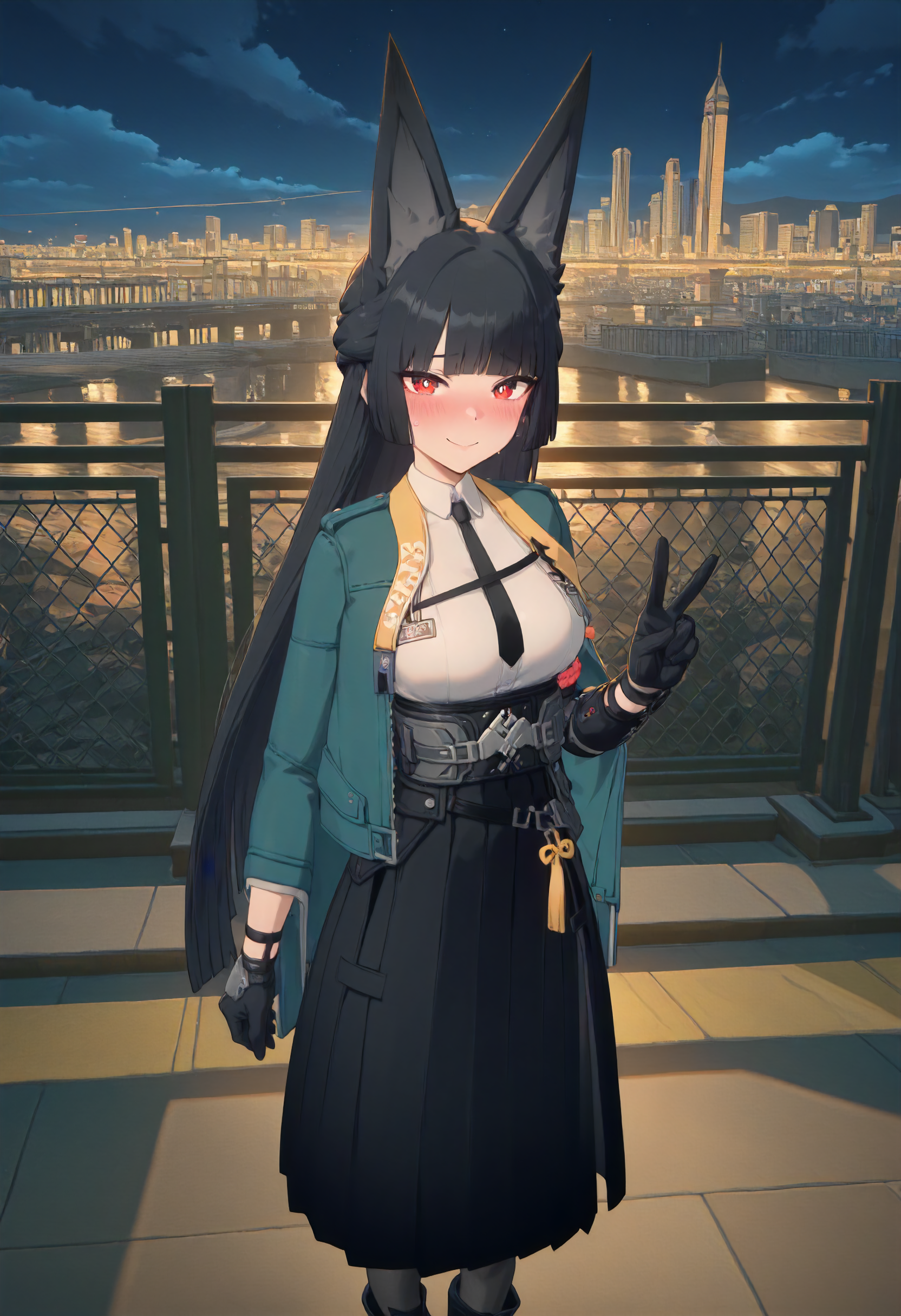 masterpiece, best quality, amazing quality, very aesthetic, absurdres, newest, scenery, volumetric lighting, perfect eyes, ultra detailed,
1girl, Hoshimi Miyabi, solo, black fox ears, black hair, bangs, long hair, red eyes, white pupils, 
green cape jacket, white shirt, black tie, belt, clasp, black gloves, long skirt, black skirt, open side skirt, pantyhose, black boots,
standing, looking at viewer, gentle smile, blushing, nervous smile, peace sign,
city, night sky, beautiful frame, backlighting,
<lora:Hoshimi_Miyabi_-_Zenless_Zone_Zero_ZZZ__Illustrious:1>
masterpiece, best quality, amazing quality, very aesthetic, absurdres, newest, scenery, volumetric lighting, perfect eyes, ultra detailed,