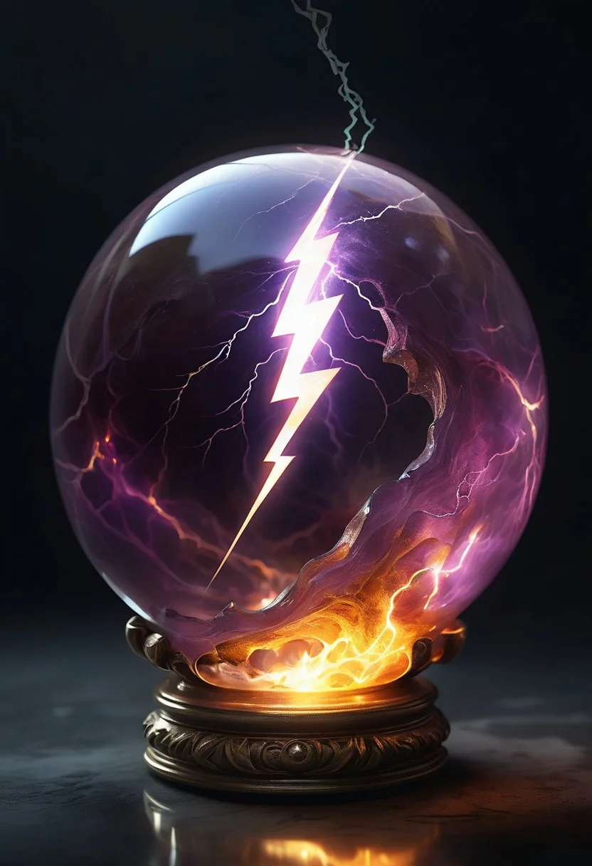 A mystical orb floats slightly above a neutral gray surface, glowing with intense inner energy. The orb is perfectly spherical, its glassy surface reflecting ambient light with high gloss and clarity. Deep crimson and amethyst hues swirl throughout its translucent shell, creating an otherworldly, fluid texture. (At its core, a fiery golden crack-like fissure radiates outward, resembling a vertical bolt of contained lightning or magical flame:1.4). The inner light pulses subtly, illuminating the interior with veins of glowing orange and yellow. Iridescent violet tendrils spiral around the fissure, resembling magical runes or arcane energy. The background is minimal and dark, ensuring the orb remains the primary focal point. The style is fantasy digital art, with high detail, soft lighting, and a semi-realistic rendering approach.
 magical artifact, fantasy orb, glowing crystal, enchanted sphere, mystical core, high detail, digital painting, arcane energy, ethereal glow, soft reflections, fantasy object design, semi-realistic style.
fantasy, magic, digital art, semi-realistic, glow effect, object-focused, artifact design, lazypos