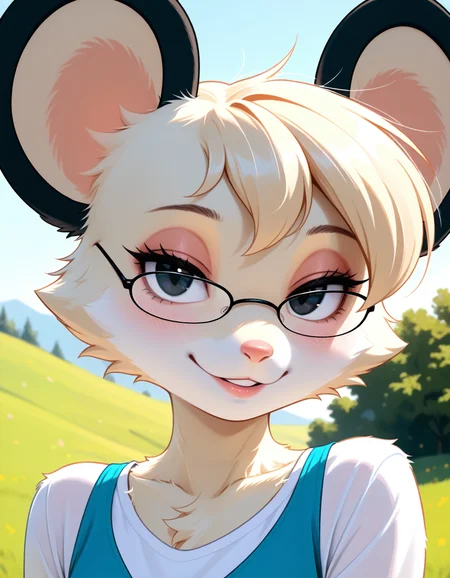 masterpiece, best quality, very aesthetic, absurdres,
outdoors,
upper body, face focus,
posing,
seductive smile, parted lips, long eyelashes,
<lora:Tamy_v01_NAIXL:1>
T4my,1girl,solo,furry,furry female,mouse girl,short hair,mouse ears,black eyes,glasses,animal nose,body fur,white fur,