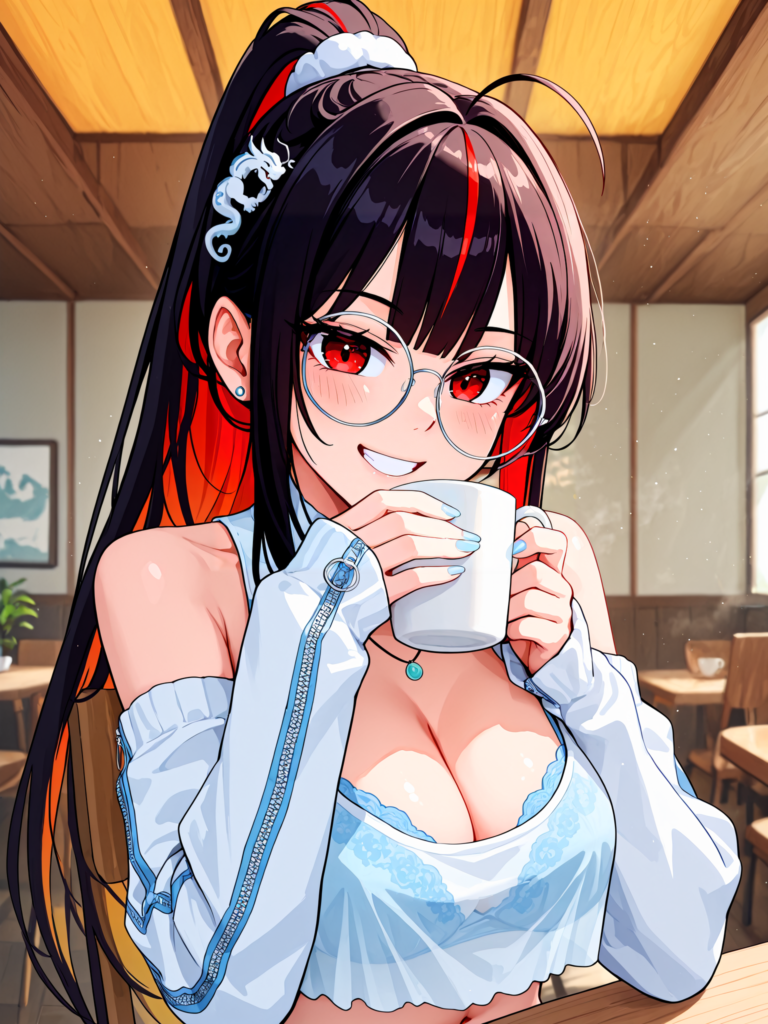 1girl, solo, focus, moranoffdutyqueen, red eyes, bare shoulders, large breasts, cleavage, midriff, navel, blue nails, nail polish, <lora:Moran_Off-Duty_Queen_IL:1>, BREAK,
black hair, red hair, brown hair, multicolored hair, streaked hair, colored inner hair, very long hair, high ponytail, hair scrunchie, ahoge, hair intakes, blunt bangs, double-parted bangs, long sidelocks, BREAK,
dragon hair ornament, round eyewear, earrings, crop top, white camisole, halterneck, cleavage cutout, necklace, lingerie, bra peek, blue bra, BREAK,
shoulder cutout, detached sleeves, white sleeves, sleeves past wrists, sleeve zipper, zipper pull tab, BREAK,
sitting, on chair, table, smile, teeth, blush, holding cup, coffee, looking at viewer, pov across table, BREAK,
indoors, cafe