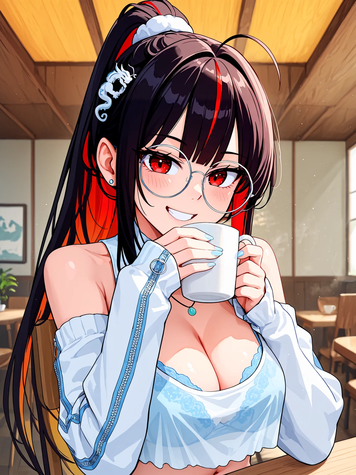 1girl, solo, focus, moranoffdutyqueen, red eyes, bare shoulders, large breasts, cleavage, midriff, navel, blue nails, nail polish, <lora:Moran_Off-Duty_Queen_IL:1>, BREAK,
black hair, red hair, brown hair, multicolored hair, streaked hair, colored inner hair, very long hair, high ponytail, hair scrunchie, ahoge, hair intakes, blunt bangs, double-parted bangs, long sidelocks, BREAK,
dragon hair ornament, round eyewear, earrings, crop top, white camisole, halterneck, cleavage cutout, necklace, lingerie, bra peek, blue bra, BREAK,
shoulder cutout, detached sleeves, white sleeves, sleeves past wrists, sleeve zipper, zipper pull tab, BREAK,
sitting, on chair, table, smile, teeth, blush, holding cup, coffee, looking at viewer, pov across table, BREAK,
indoors, cafe