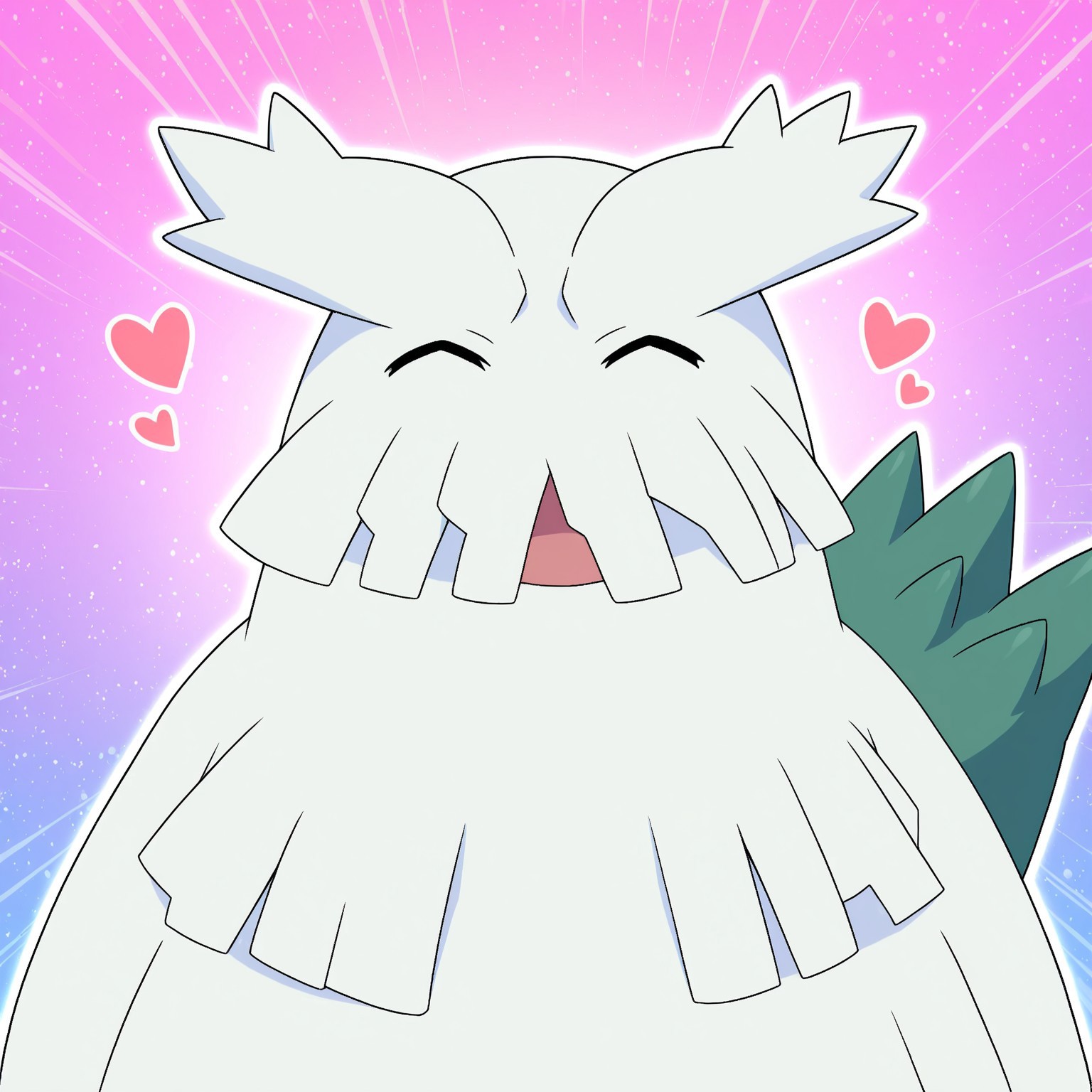 2d, solo, Pokemon (creature), Abomasnow, shaggy white fur, greenish fur, two tone fur, fur over mouth, head tufts, spiky tail, 

BREAK ((upper body focus)), ((eyes closed)), open mouth, happy, hearts, abstract background, front view, facing viewer

BREAK best quality, amazing quality, very aesthetic, absurdres, newest, masterpiece, high quality