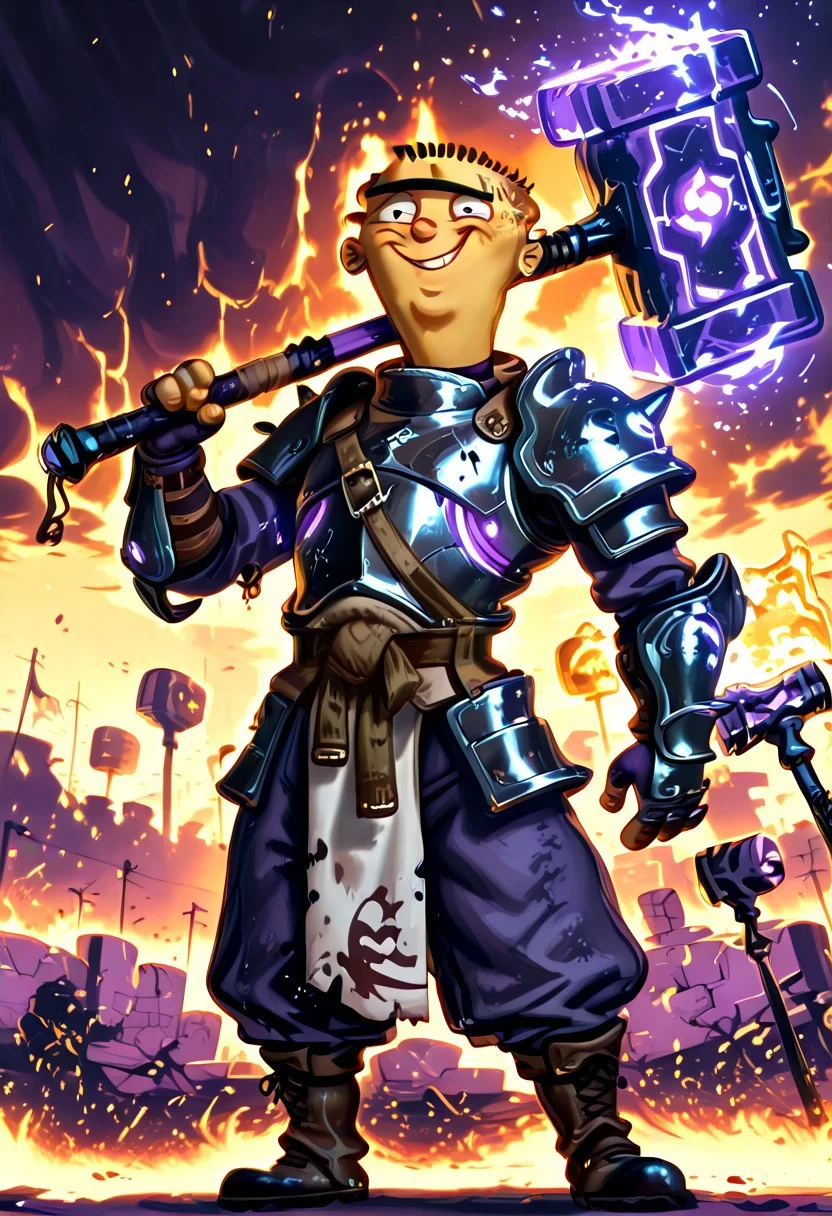 Masterpiece, best quality, 8k, newest, absurdres, highly detailed, 1boy, solo, edboi, mnbrow, heavy armor, hammer, purple glowing hammer, unibrow, smile, holding, battlefield background, detailed background