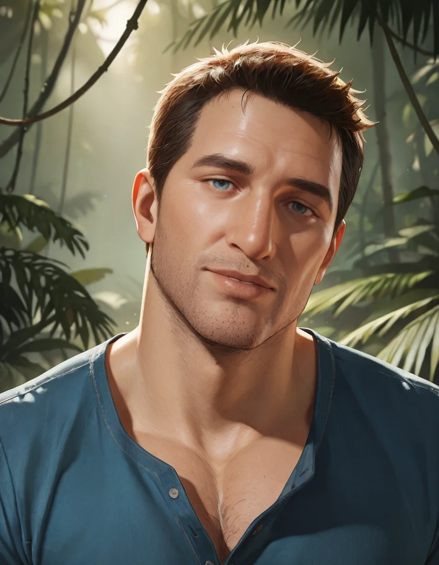 masterpiece, best quality, absurdres, newest, perfect quality, best quality, absolutely eye-catching, detailed background, intricate details, male focus, solo, anime, <lora:Uncharted - Nathan - Illustrious-000006:0.8>, uncharteddrake, 1boy, mature male, very short hair, blue eyes, stubble, blue shirt, partially unbuttoned, outdoors, jungle, looking at viewer, head tilt, beckon, portrait