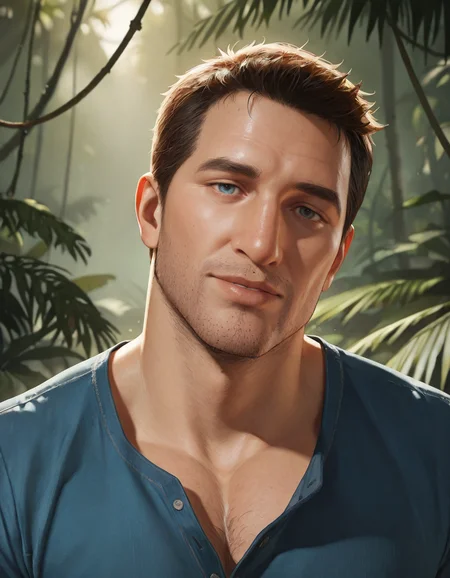 masterpiece, best quality, absurdres, newest, perfect quality, best quality, absolutely eye-catching, detailed background, intricate details, male focus, solo, anime, <lora:Uncharted - Nathan - Illustrious-000006:0.8>, uncharteddrake, 1boy, mature male, very short hair, blue eyes, stubble, blue shirt, partially unbuttoned, outdoors, jungle, looking at viewer, head tilt, beckon, portrait