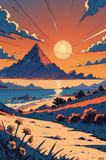 scenery, no humans, sun, outdoors, sky, sunset, horizon, mountain, field, cloud, ocean, flower, a_Comic_Illustration, rough lines with ink, (drawn:1.1), (sketch:1.5), (crosshatching:1.25), (comic style:1.1), graphic novel style, sharp lines, hires, zstyle, (western comics \(style\):1.1), (hatching \(texture\):1.2), zPDXL, Mr_Monster_Possitive, <lora:Expressive_H:0.5>, score_9, score_8_up, score_8_up,